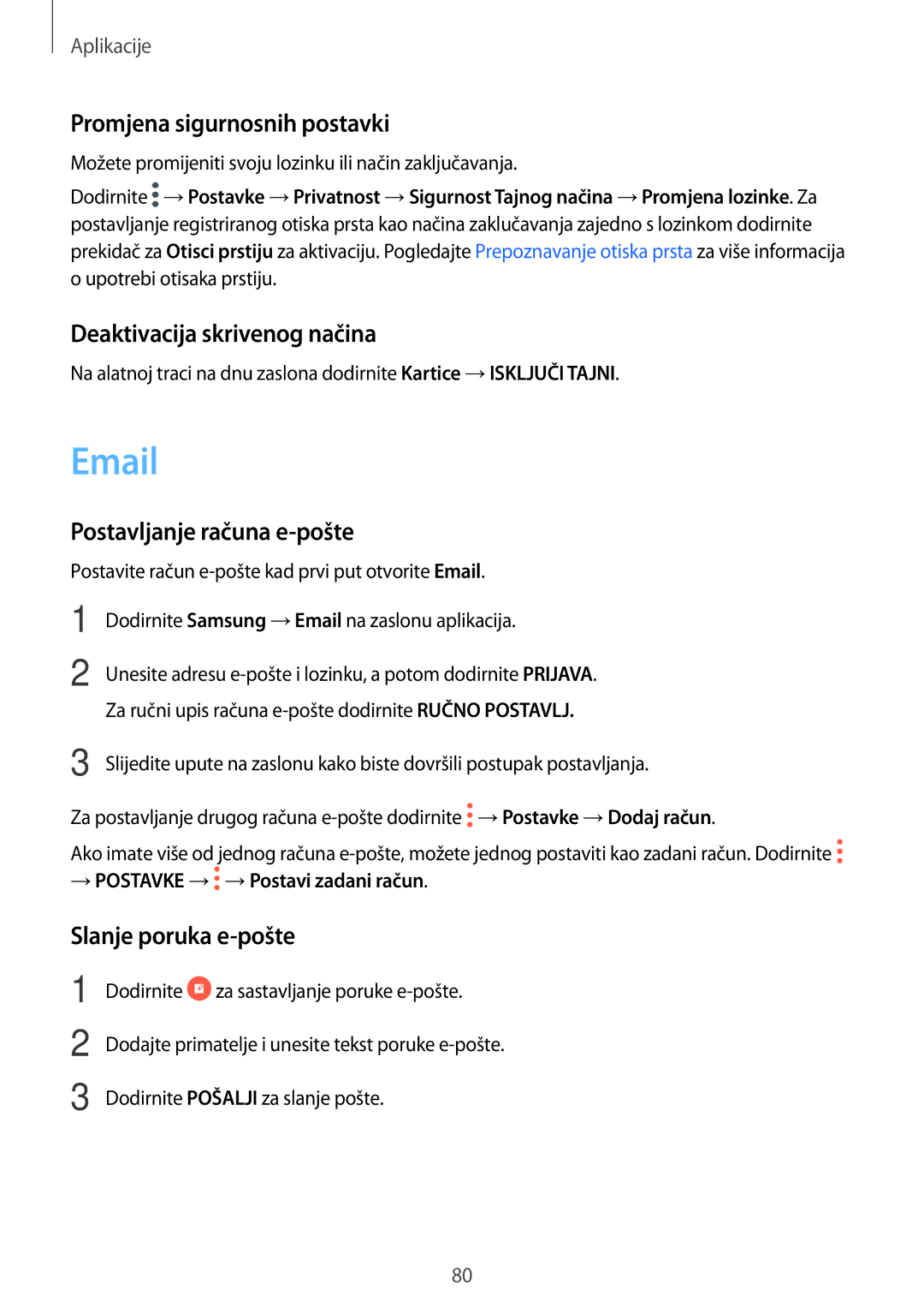 Samsung SM-A320FZKNSEE manual Promjena sigurnosnih postavki, Deaktivacija skrivenog načina, Postavljanje računa e-pošte 