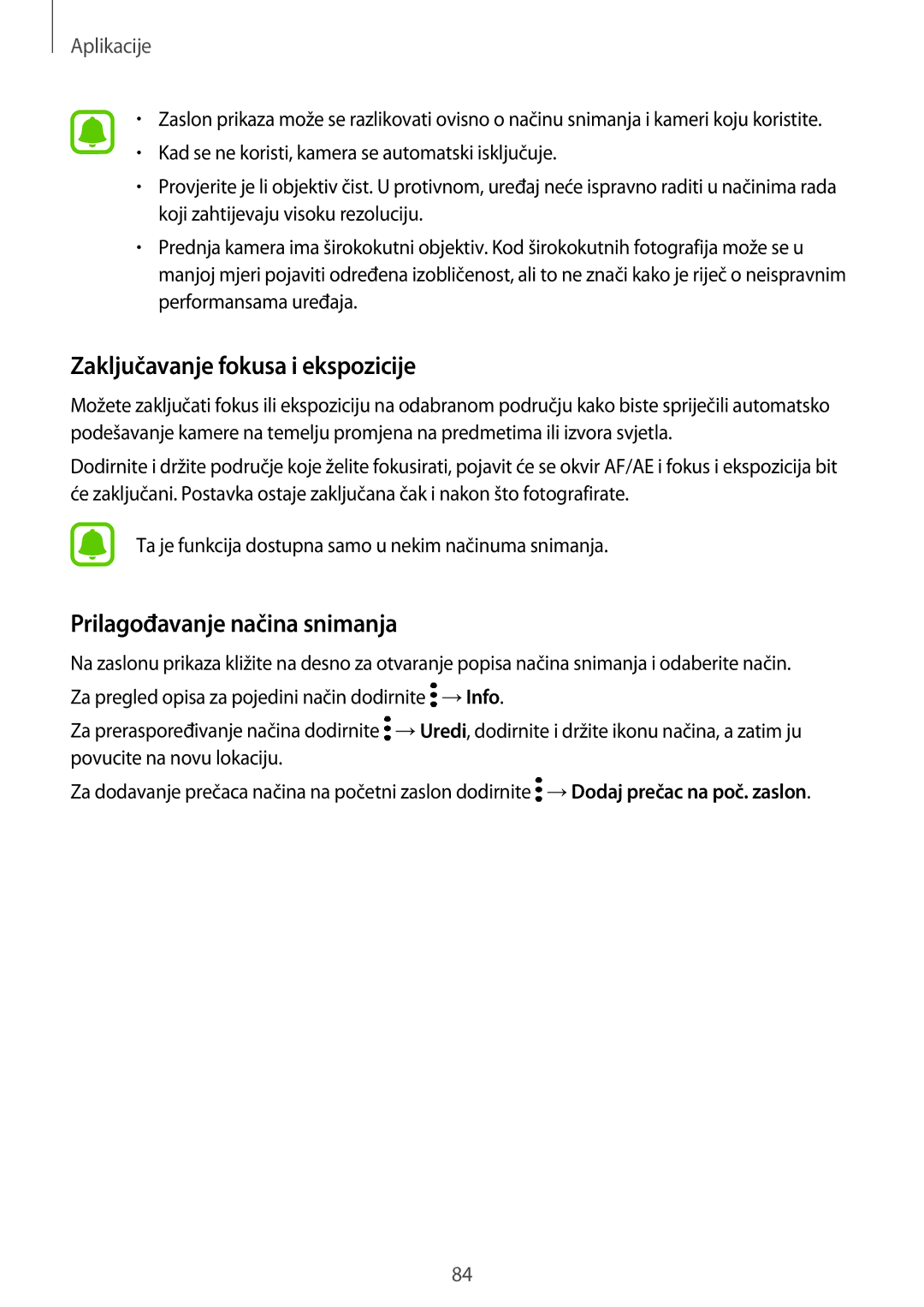 Samsung SM-A320FZKNSEE, SM-A320FZBNSEE, SM-A320FZDNSEE Zaključavanje fokusa i ekspozicije, Prilagođavanje načina snimanja 