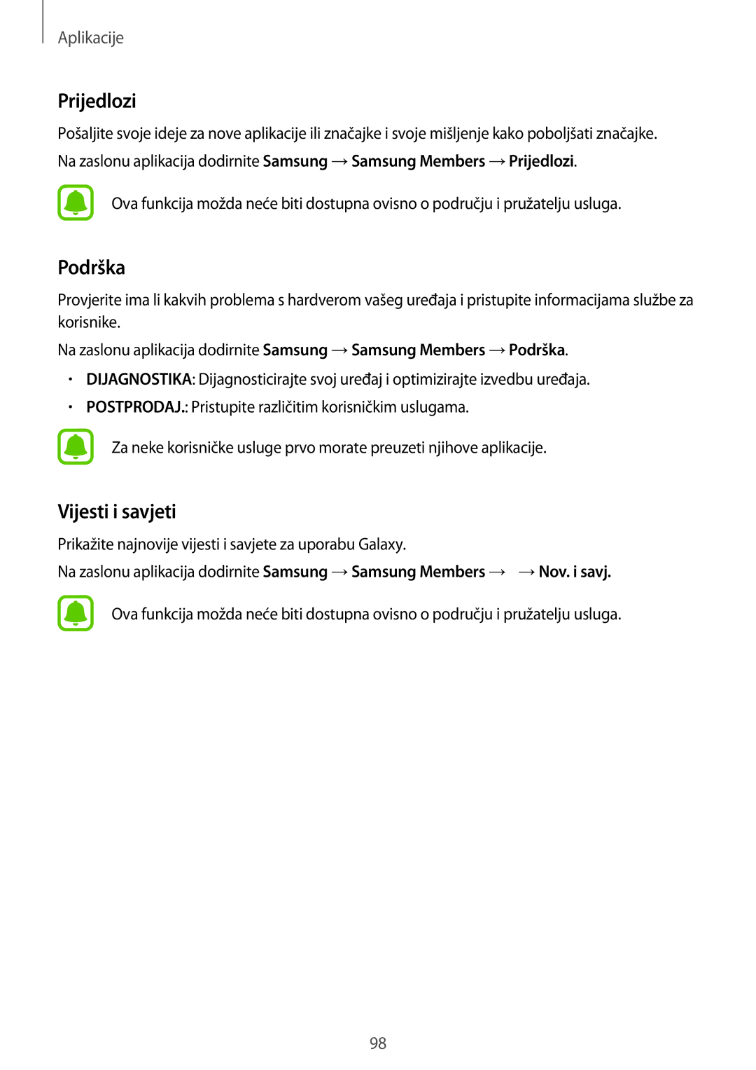 Samsung SM-A320FZDNSEE, SM-A320FZKNSEE, SM-A320FZBNSEE, SM-A320FZINSEE manual Prijedlozi, Podrška, Vijesti i savjeti 