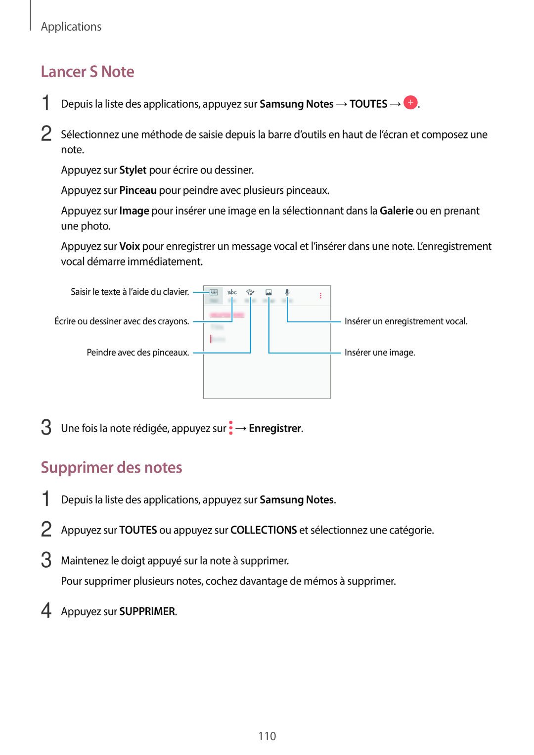 Samsung SM-A320FZINXEF, SM-A320FZKNXEF, SM-A320FZDNXEF, SM-A320FZBNXEF manual Lancer S Note, Supprimer des notes 