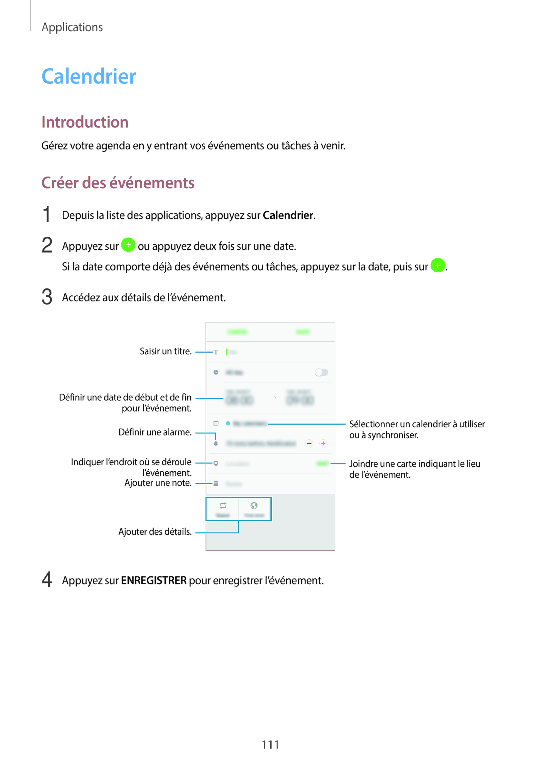 Samsung SM-A320FZBNXEF, SM-A320FZKNXEF, SM-A320FZDNXEF, SM-A320FZINXEF manual Calendrier, Créer des événements 