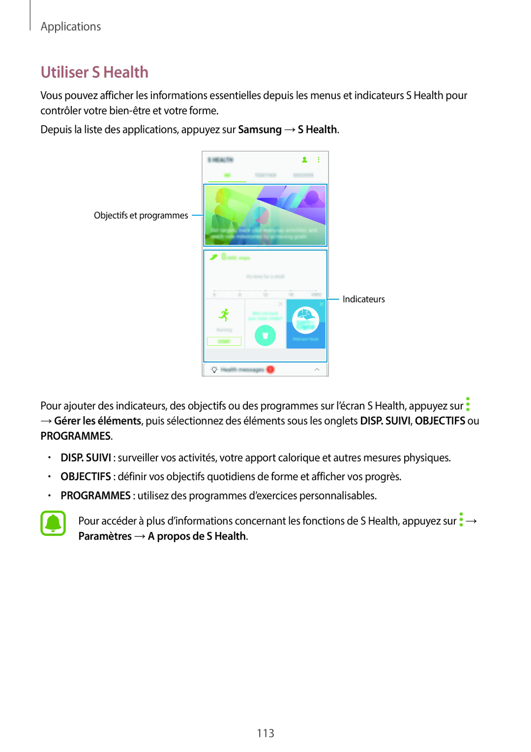 Samsung SM-A320FZDNXEF, SM-A320FZKNXEF, SM-A320FZINXEF, SM-A320FZBNXEF manual Utiliser S Health, Programmes 