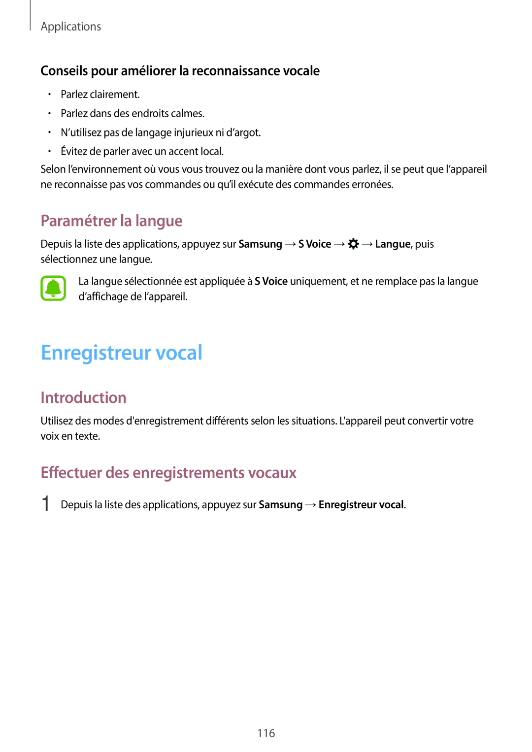 Samsung SM-A320FZKNXEF, SM-A320FZDNXEF manual Enregistreur vocal, Paramétrer la langue, Effectuer des enregistrements vocaux 