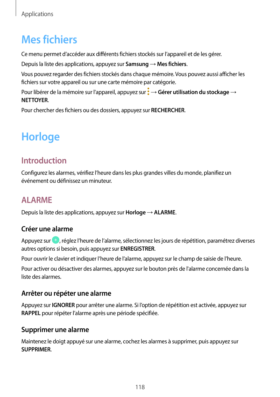 Samsung SM-A320FZINXEF manual Mes fichiers, Horloge, Créer une alarme, Arrêter ou répéter une alarme, Supprimer une alarme 