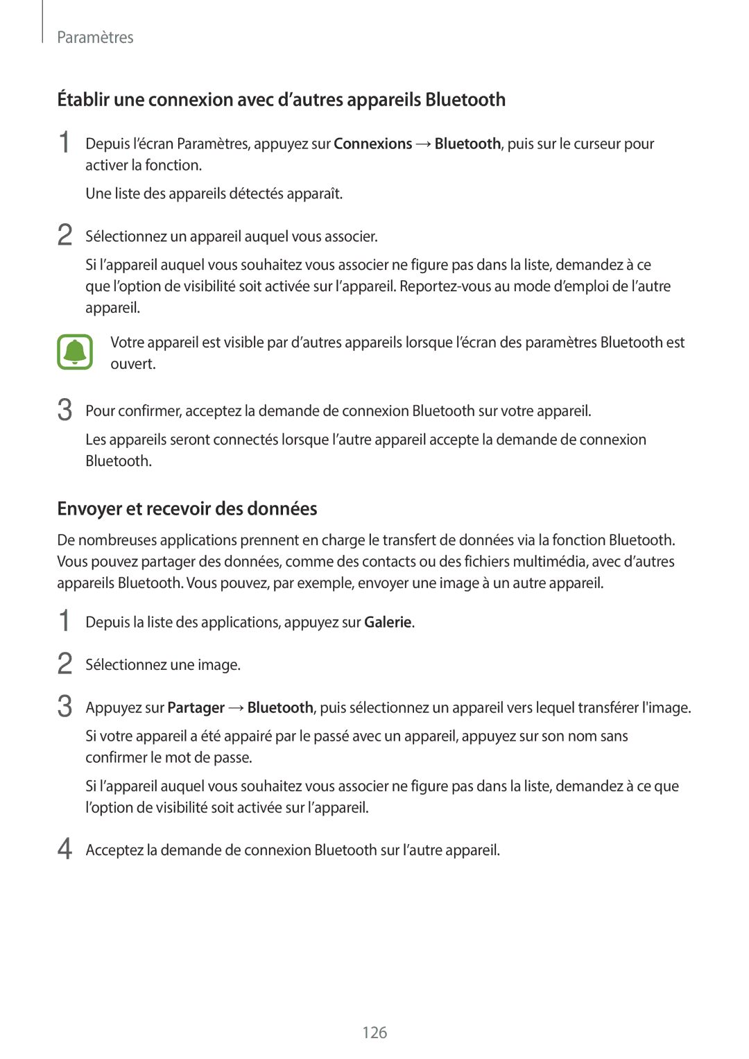 Samsung SM-A320FZINXEF manual Établir une connexion avec d’autres appareils Bluetooth, Envoyer et recevoir des données 