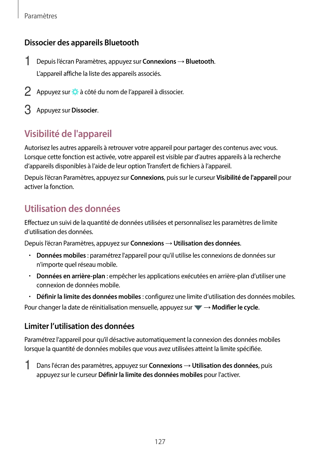 Samsung SM-A320FZBNXEF, SM-A320FZKNXEF Visibilité de lappareil, Utilisation des données, Dissocier des appareils Bluetooth 