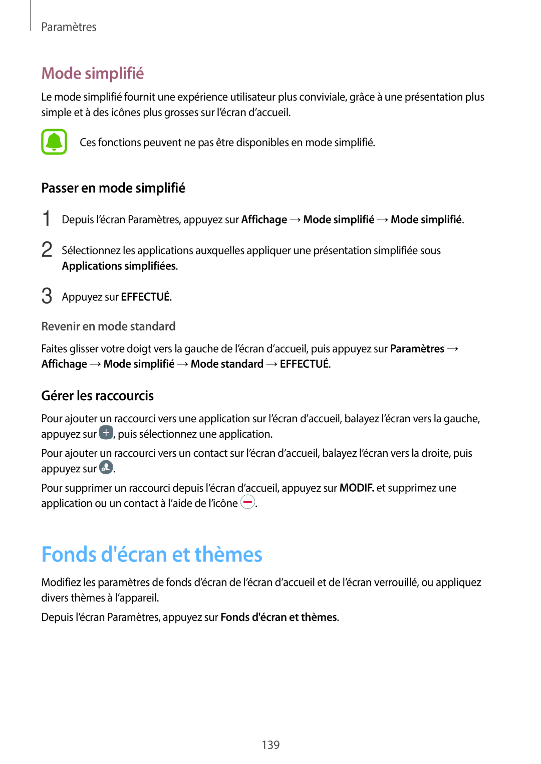 Samsung SM-A320FZBNXEF manual Fonds décran et thèmes, Mode simplifié, Passer en mode simplifié, Gérer les raccourcis 