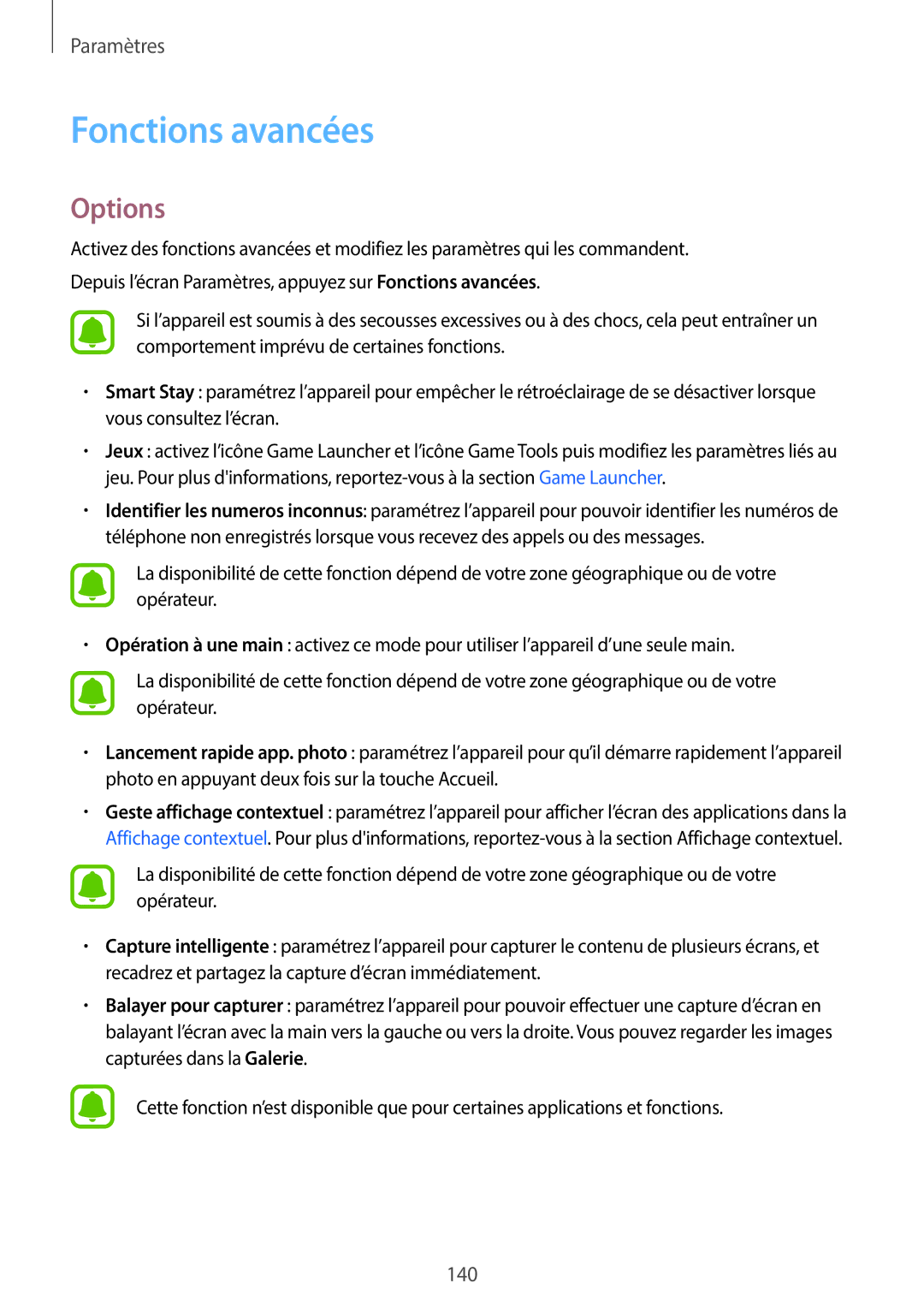 Samsung SM-A320FZKNXEF, SM-A320FZDNXEF, SM-A320FZINXEF, SM-A320FZBNXEF manual Fonctions avancées, Options 