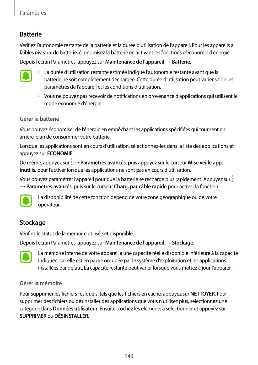 Samsung SM-A320FZBNXEF, SM-A320FZKNXEF, SM-A320FZDNXEF, SM-A320FZINXEF manual Batterie, Stockage 