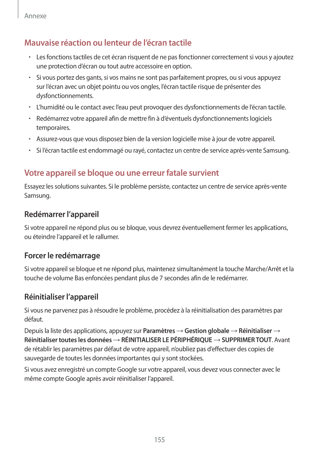 Samsung SM-A320FZBNXEF, SM-A320FZKNXEF, SM-A320FZDNXEF, SM-A320FZINXEF manual Forcer le redémarrage, Réinitialiser l’appareil 