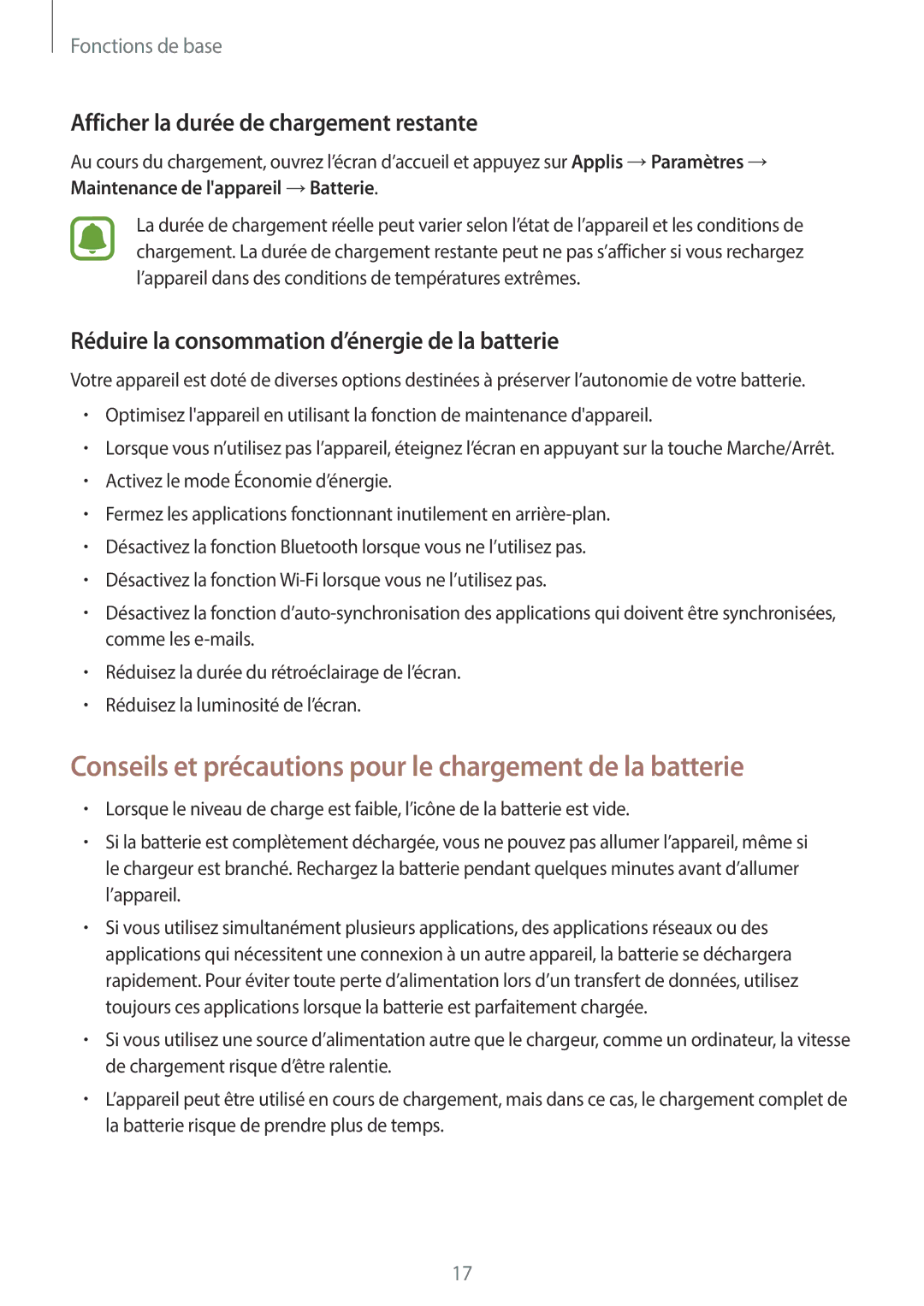 Samsung SM-A320FZDNXEF Conseils et précautions pour le chargement de la batterie, Afficher la durée de chargement restante 