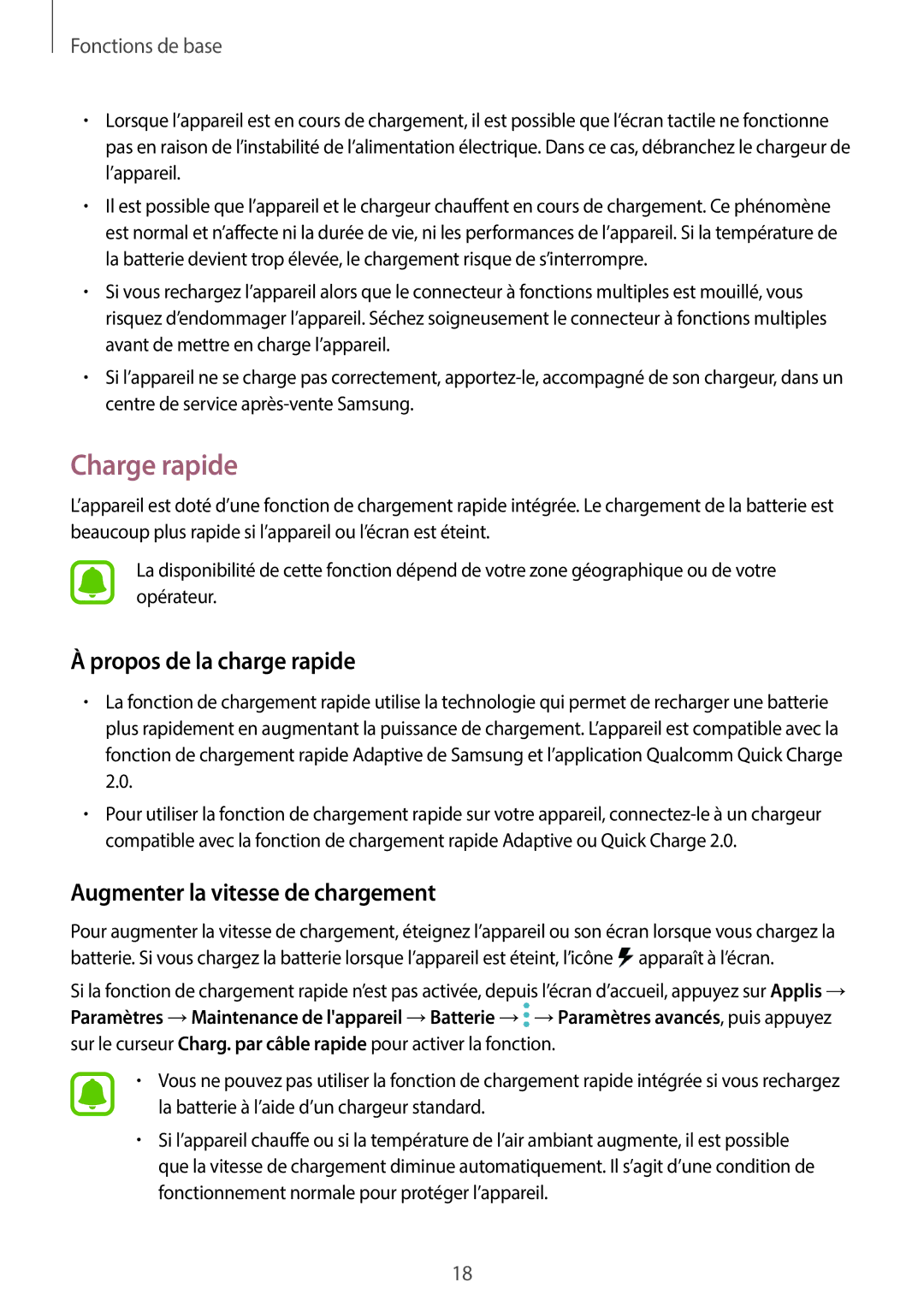 Samsung SM-A320FZINXEF, SM-A320FZKNXEF manual Charge rapide, Propos de la charge rapide, Augmenter la vitesse de chargement 