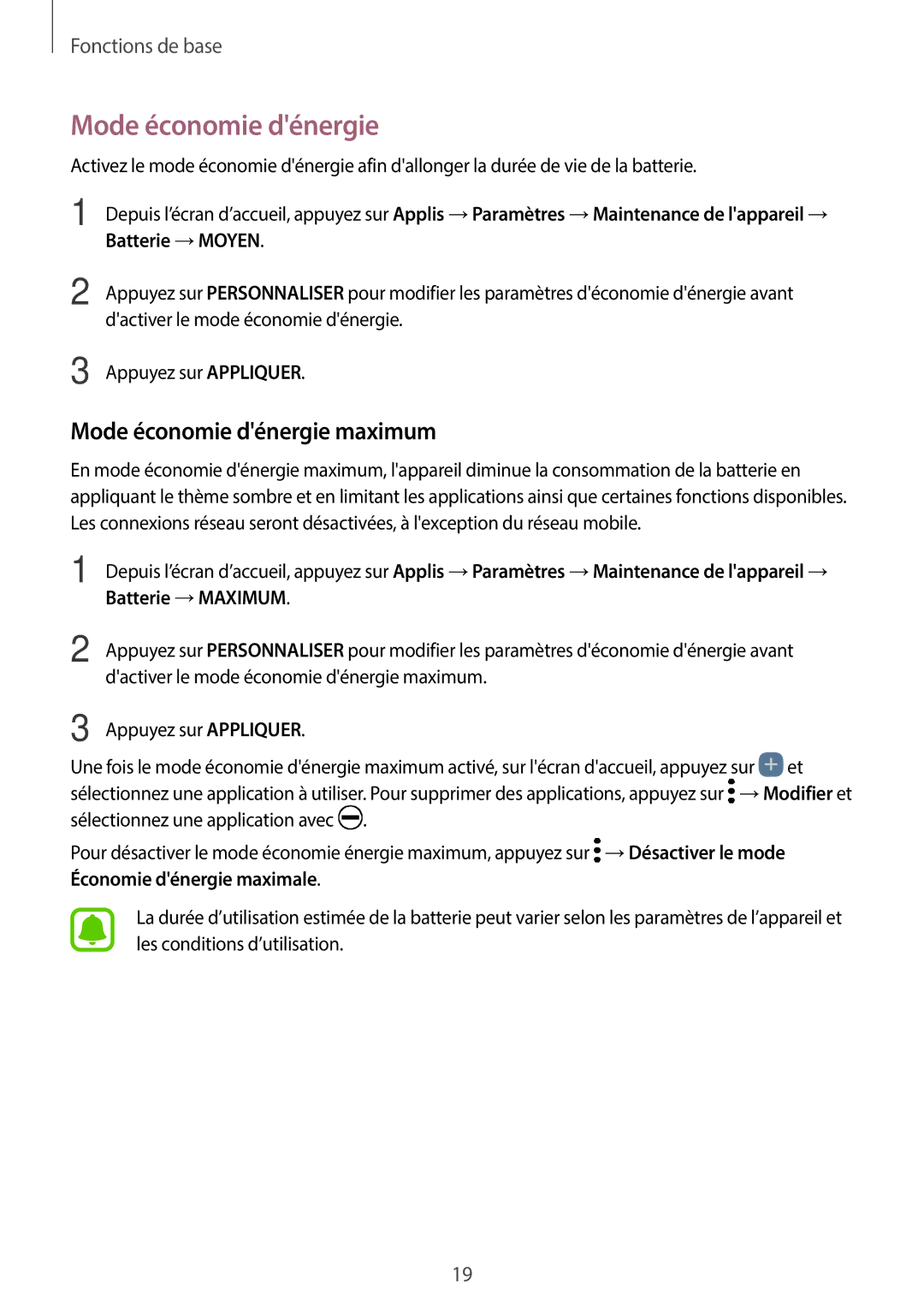 Samsung SM-A320FZBNXEF, SM-A320FZKNXEF, SM-A320FZDNXEF, SM-A320FZINXEF Mode économie dénergie maximum, Batterie →MOYEN 