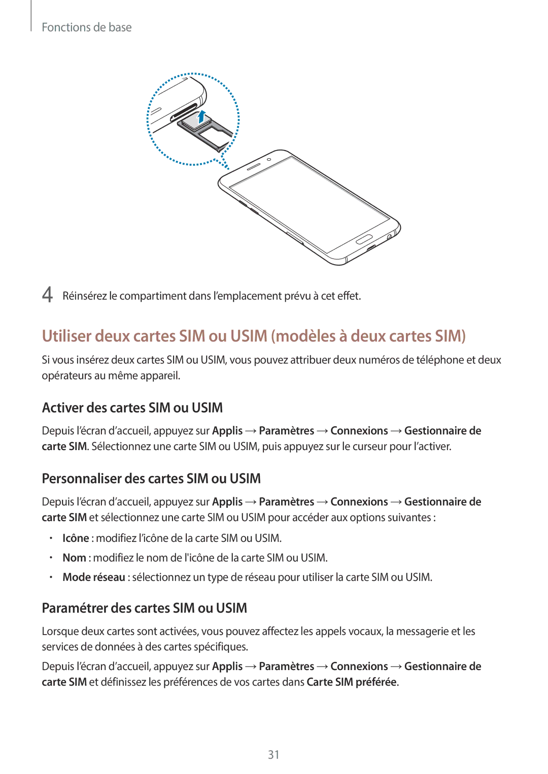 Samsung SM-A320FZBNXEF manual Utiliser deux cartes SIM ou Usim modèles à deux cartes SIM, Activer des cartes SIM ou Usim 