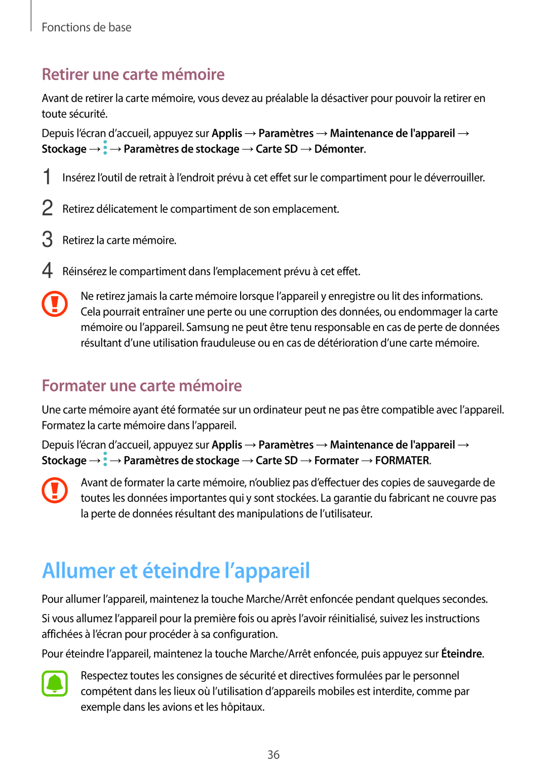 Samsung SM-A320FZKNXEF manual Allumer et éteindre l’appareil, Retirer une carte mémoire, Formater une carte mémoire 