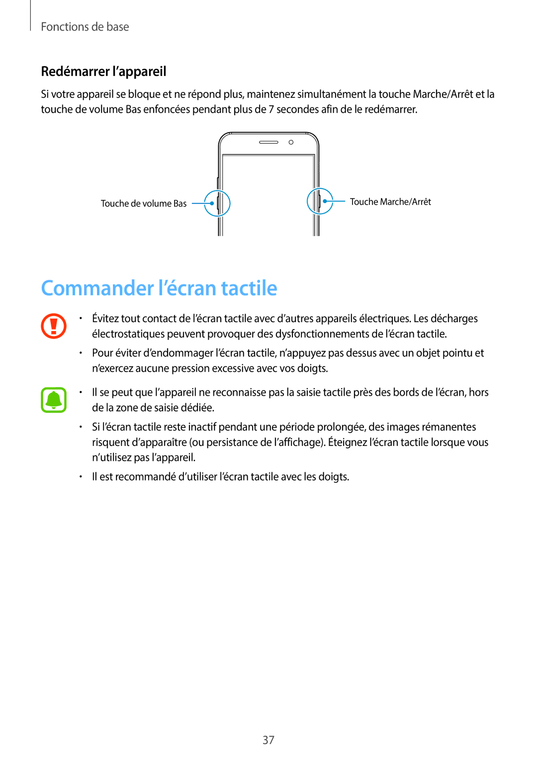 Samsung SM-A320FZDNXEF, SM-A320FZKNXEF, SM-A320FZINXEF, SM-A320FZBNXEF manual Commander l’écran tactile, Redémarrer l’appareil 