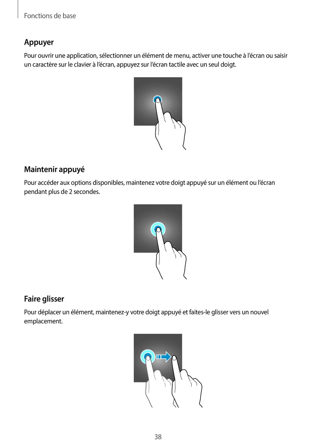 Samsung SM-A320FZINXEF, SM-A320FZKNXEF, SM-A320FZDNXEF, SM-A320FZBNXEF manual Appuyer, Maintenir appuyé, Faire glisser 