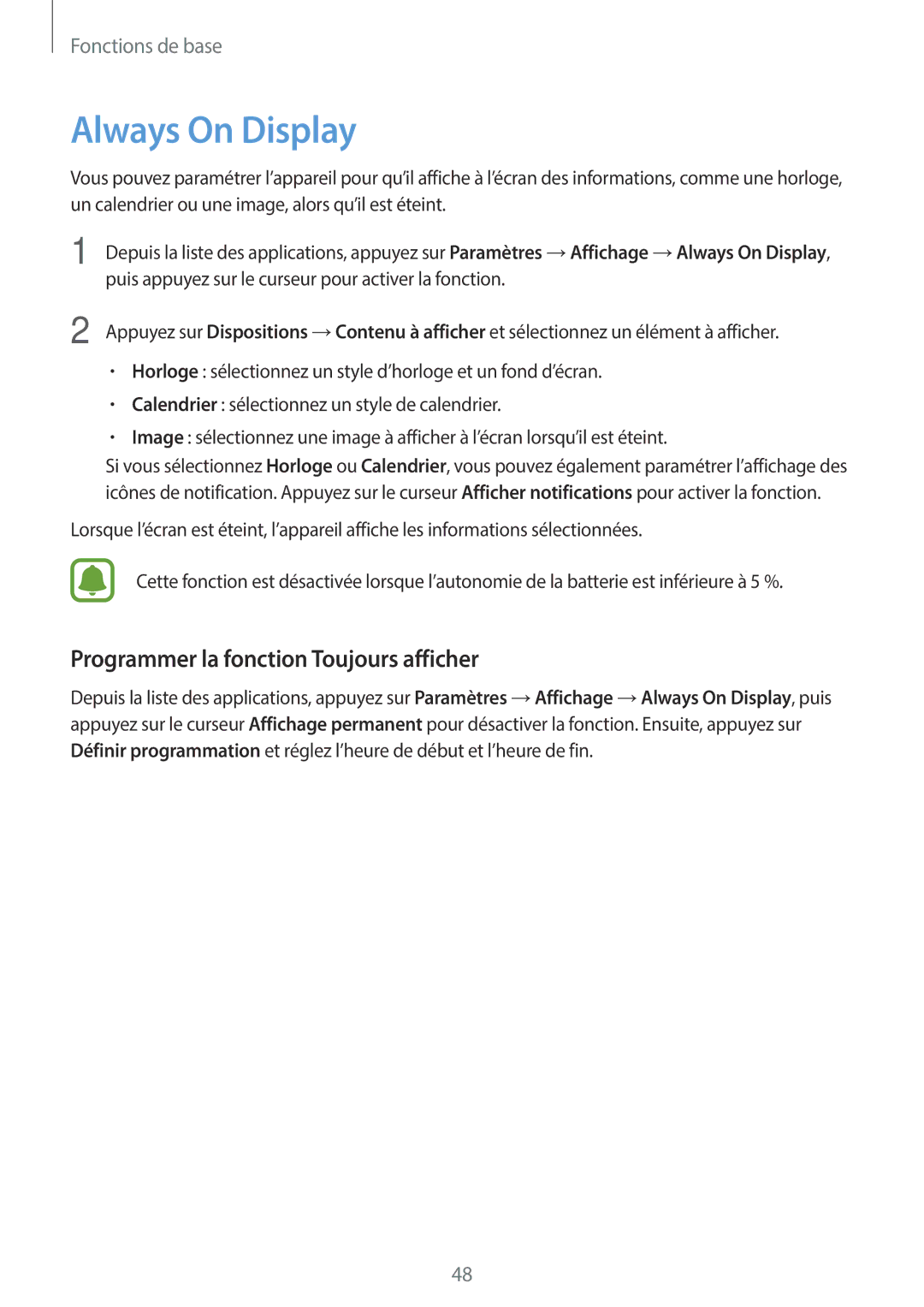 Samsung SM-A320FZKNXEF, SM-A320FZDNXEF, SM-A320FZINXEF manual Always On Display, Programmer la fonction Toujours afficher 