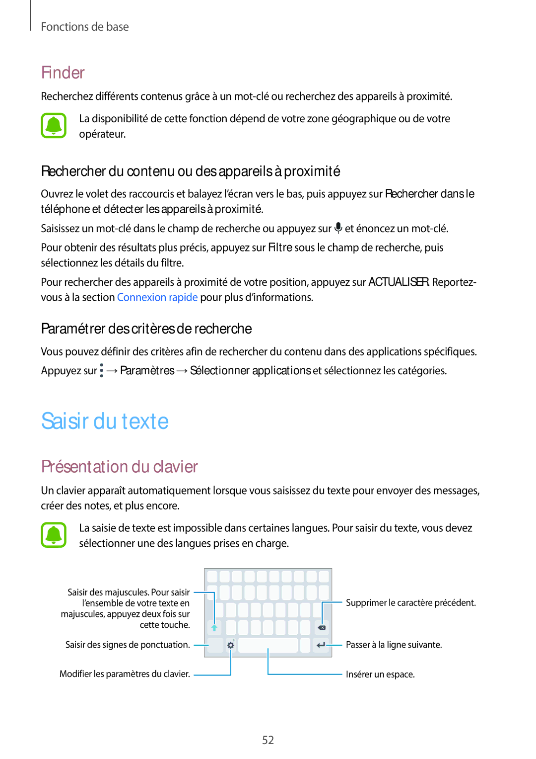 Samsung SM-A320FZKNXEF manual Saisir du texte, Finder, Présentation du clavier, Paramétrer des critères de recherche 