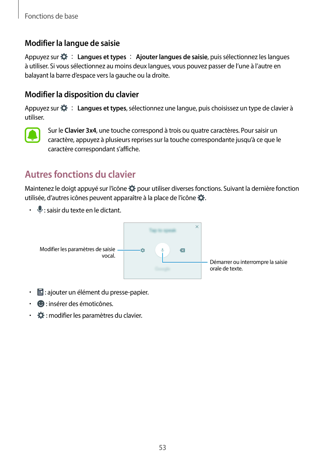 Samsung SM-A320FZDNXEF manual Autres fonctions du clavier, Modifier la langue de saisie, Modifier la disposition du clavier 