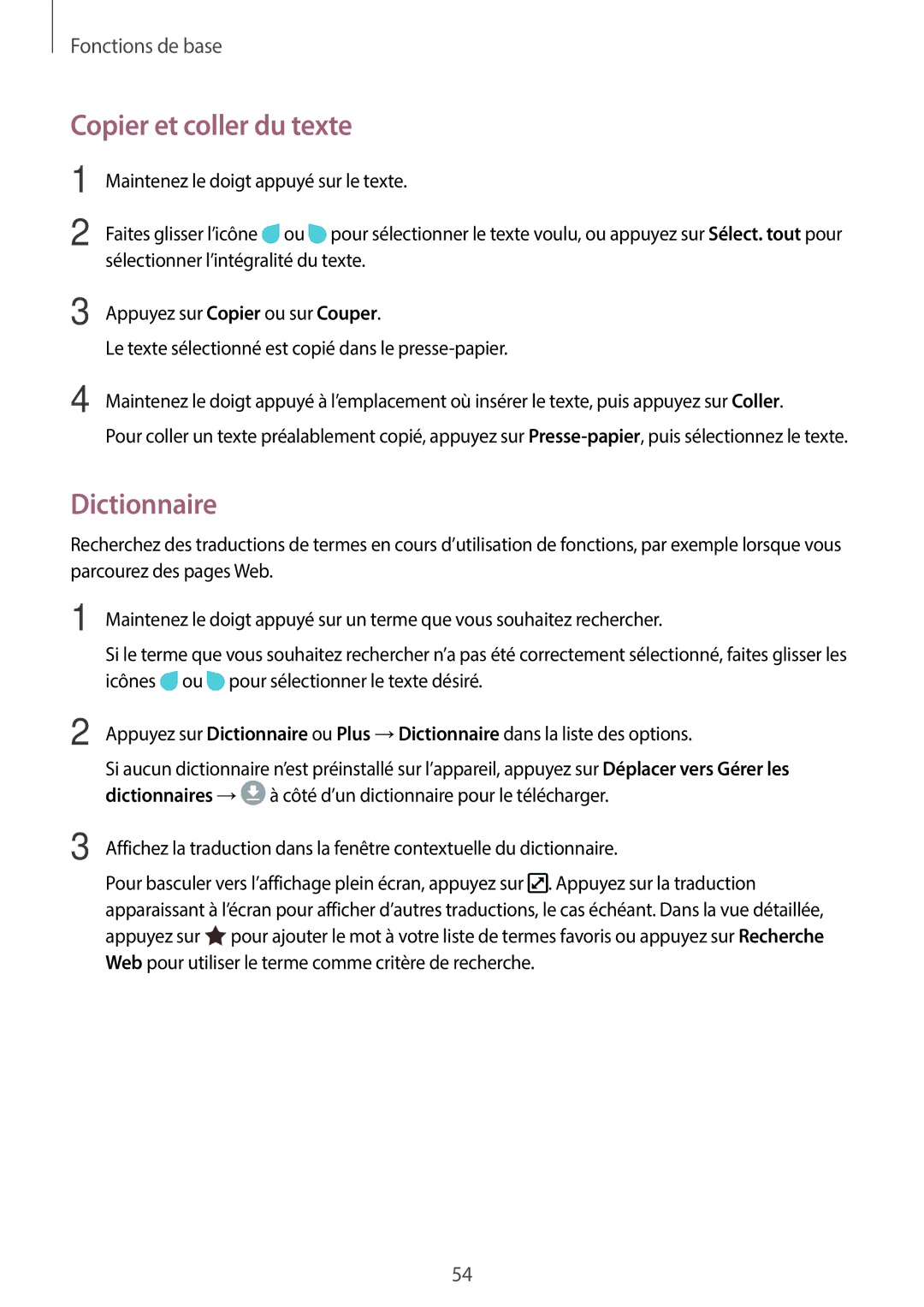 Samsung SM-A320FZINXEF, SM-A320FZKNXEF, SM-A320FZDNXEF, SM-A320FZBNXEF manual Copier et coller du texte, Dictionnaire 