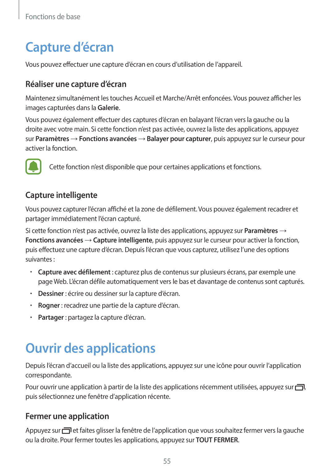 Samsung SM-A320FZBNXEF manual Capture d’écran, Ouvrir des applications, Réaliser une capture d’écran, Capture intelligente 