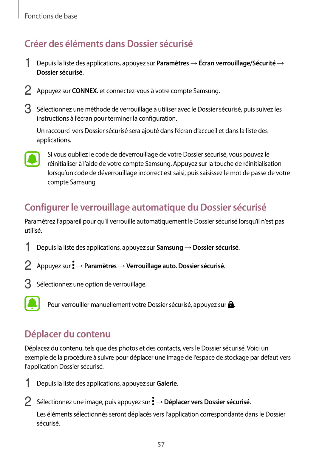 Samsung SM-A320FZDNXEF, SM-A320FZKNXEF, SM-A320FZINXEF manual Créer des éléments dans Dossier sécurisé, Déplacer du contenu 