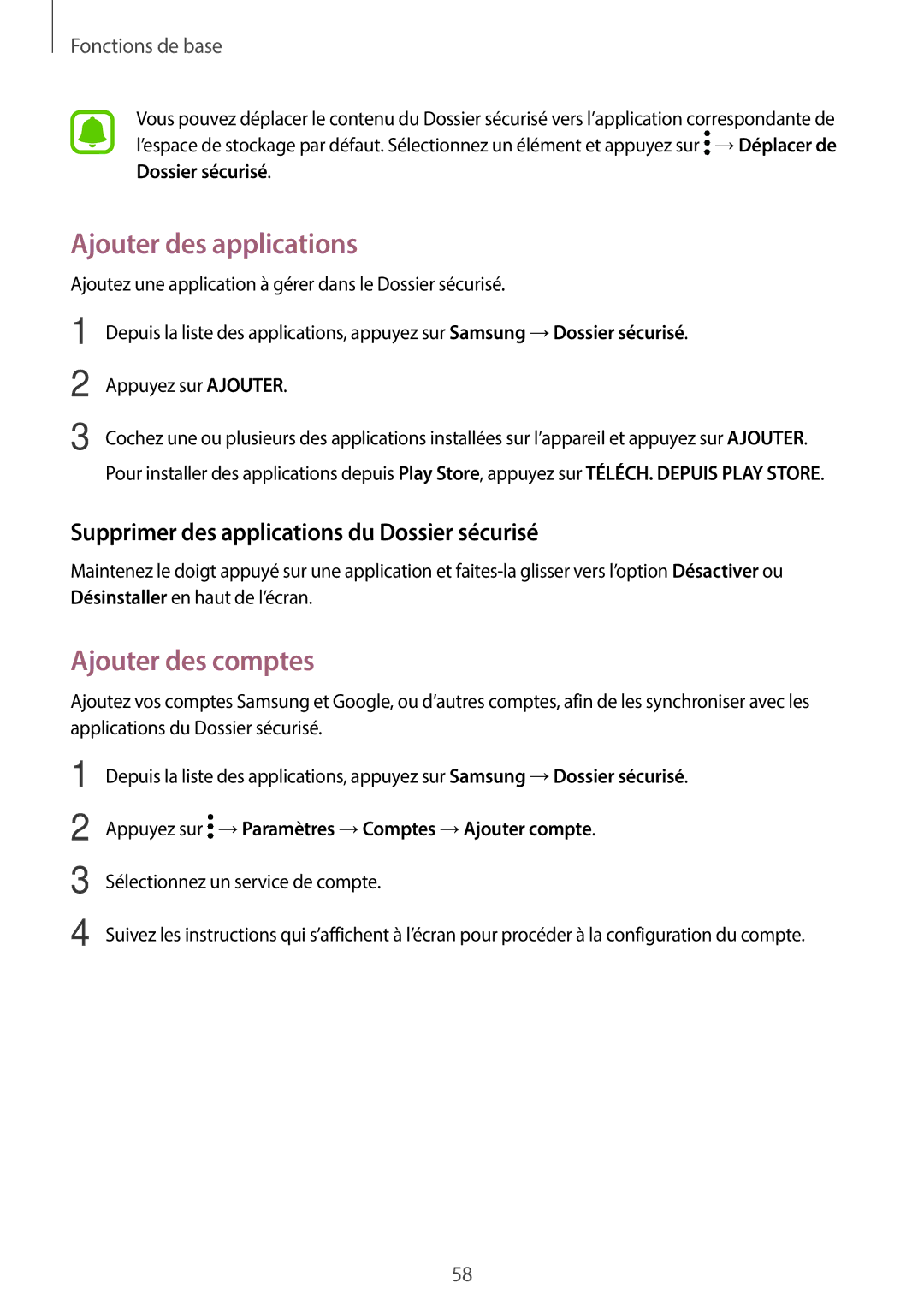 Samsung SM-A320FZINXEF manual Ajouter des applications, Ajouter des comptes, Supprimer des applications du Dossier sécurisé 