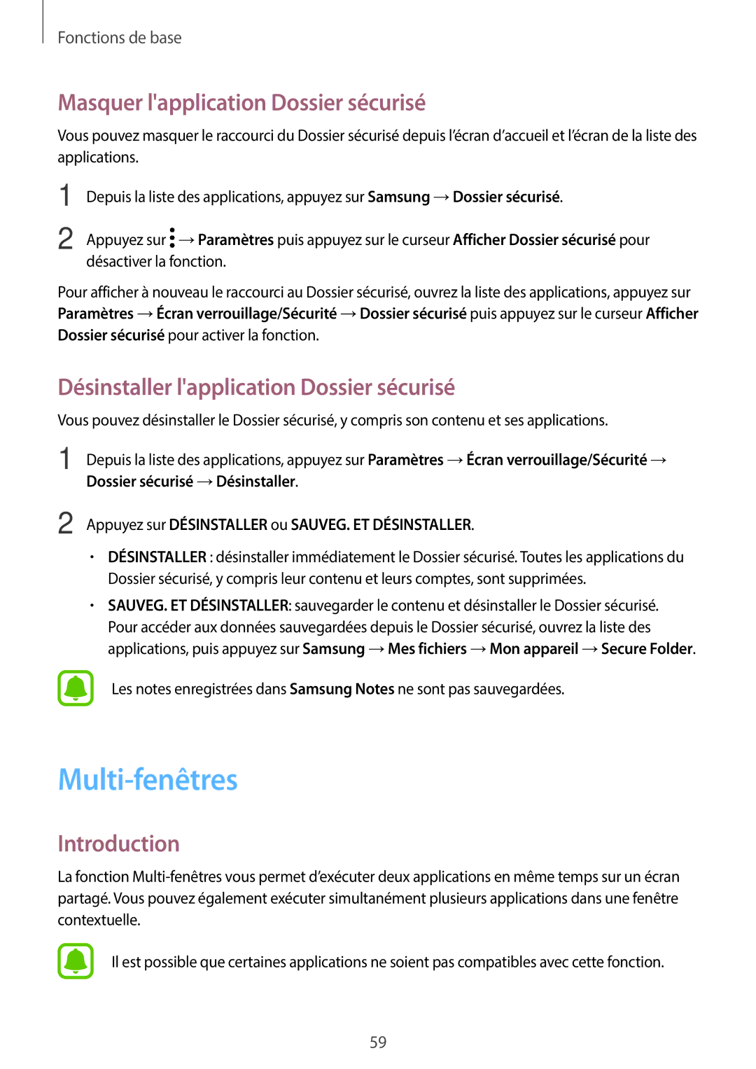 Samsung SM-A320FZBNXEF Multi-fenêtres, Masquer lapplication Dossier sécurisé, Désinstaller lapplication Dossier sécurisé 