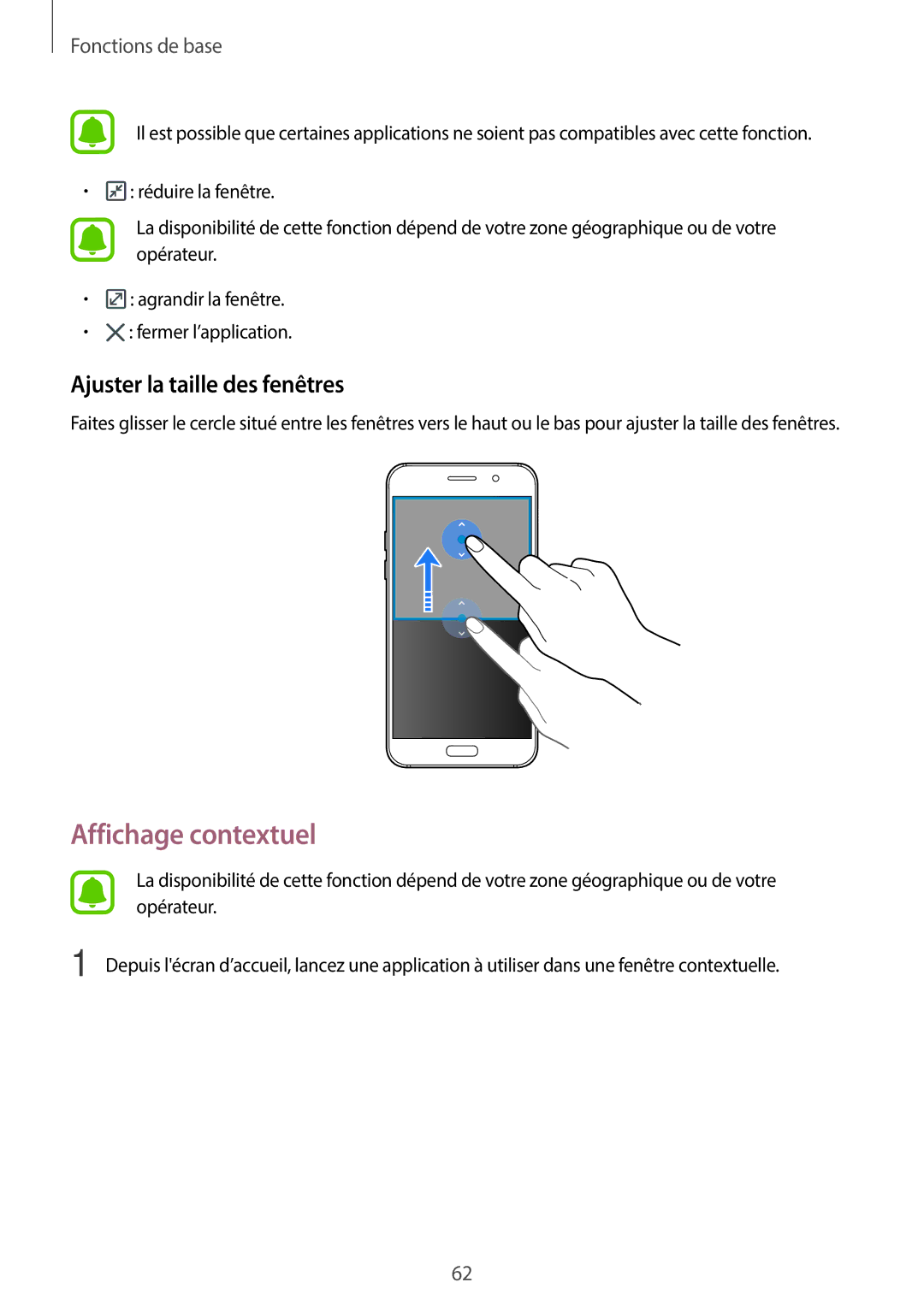 Samsung SM-A320FZINXEF, SM-A320FZKNXEF, SM-A320FZDNXEF, SM-A320FZBNXEF Affichage contextuel, Ajuster la taille des fenêtres 