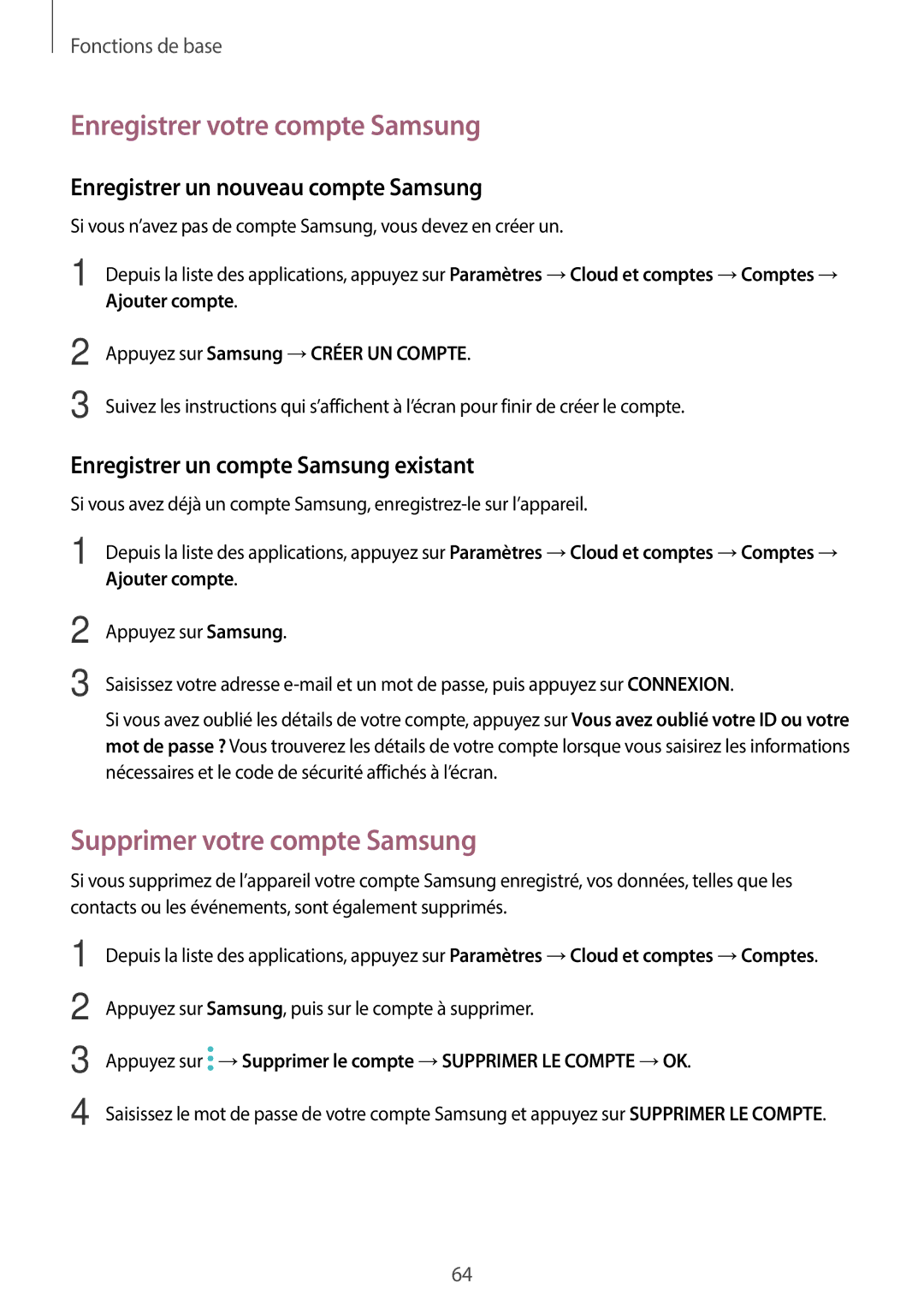 Samsung SM-A320FZKNXEF, SM-A320FZDNXEF, SM-A320FZINXEF Enregistrer votre compte Samsung, Supprimer votre compte Samsung 