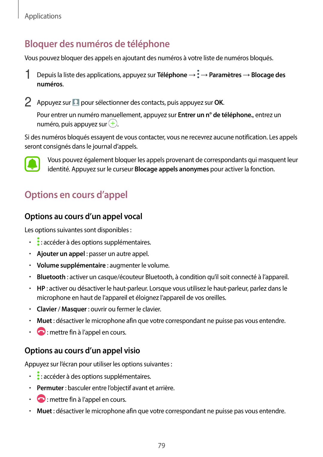 Samsung SM-A320FZBNXEF manual Bloquer des numéros de téléphone, Options en cours d’appel, Options au cours d’un appel vocal 