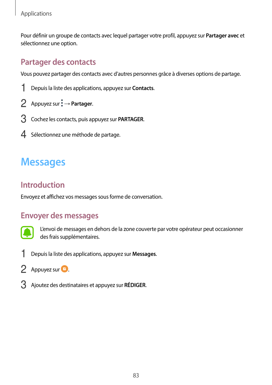 Samsung SM-A320FZBNXEF, SM-A320FZKNXEF, SM-A320FZDNXEF, SM-A320FZINXEF Messages, Partager des contacts, Envoyer des messages 