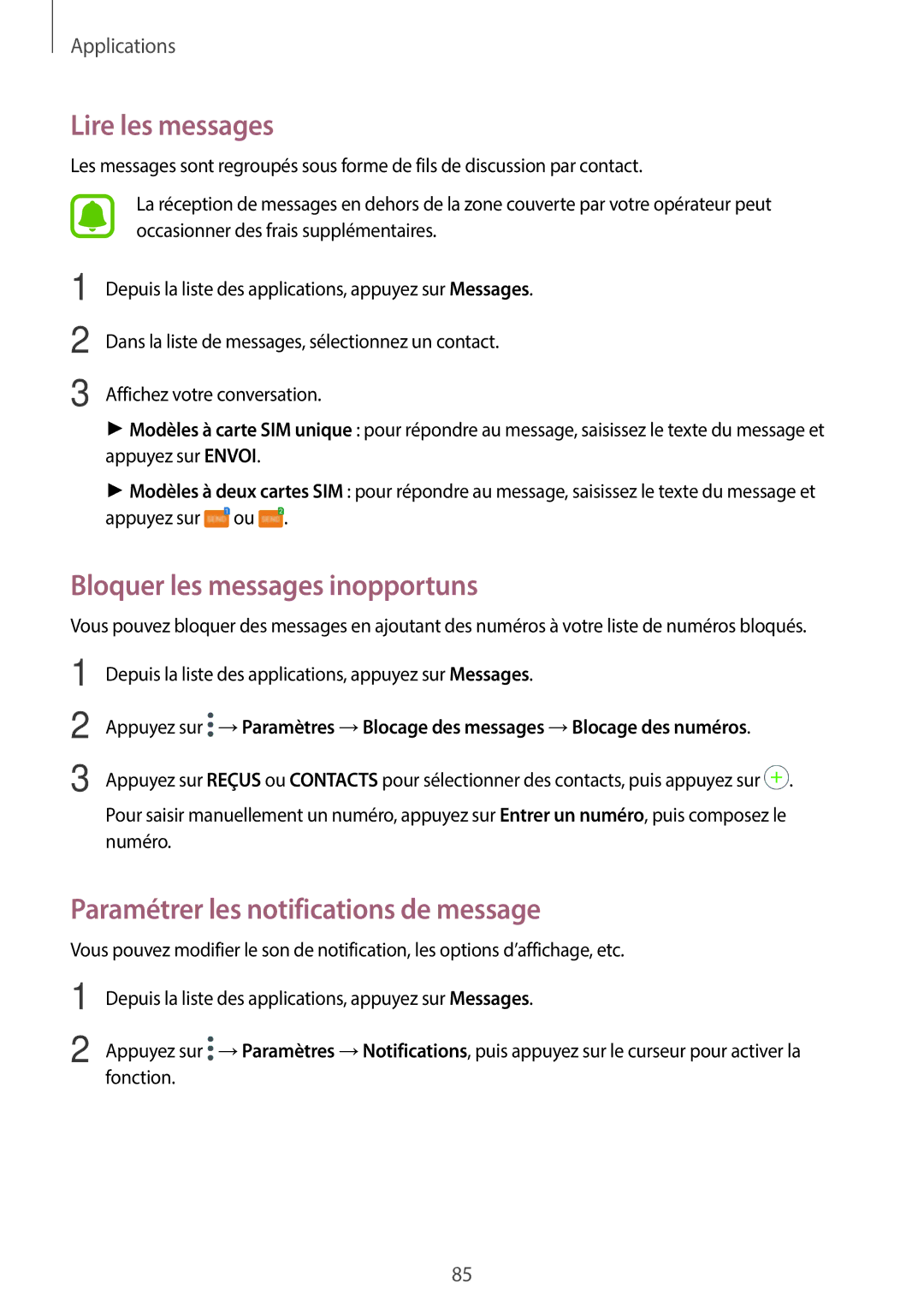 Samsung SM-A320FZDNXEF manual Lire les messages, Bloquer les messages inopportuns, Paramétrer les notifications de message 