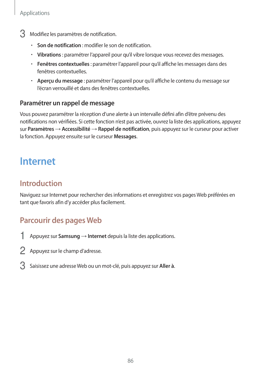 Samsung SM-A320FZINXEF, SM-A320FZKNXEF, SM-A320FZDNXEF Internet, Parcourir des pages Web, Paramétrer un rappel de message 