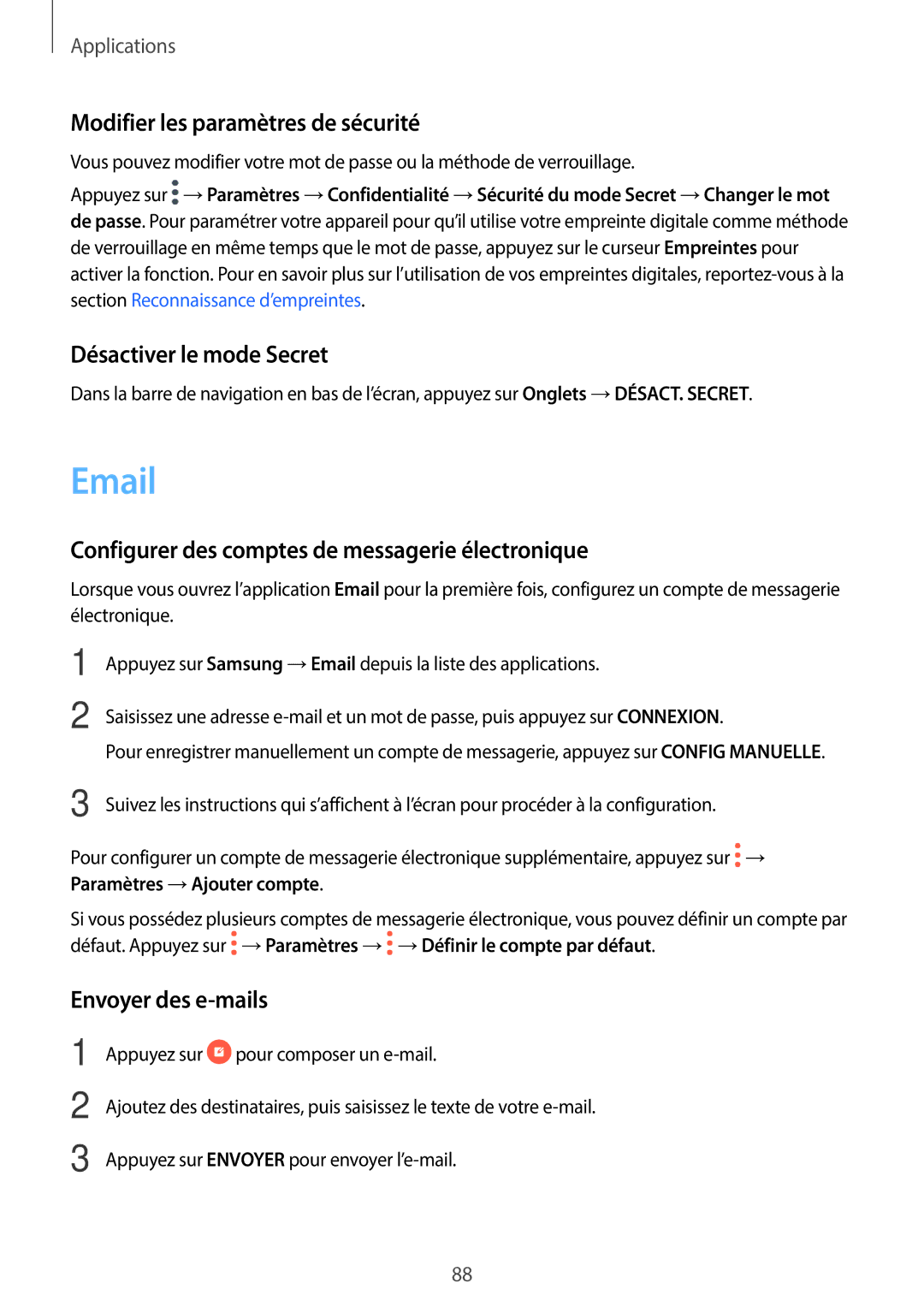 Samsung SM-A320FZKNXEF, SM-A320FZDNXEF Modifier les paramètres de sécurité, Désactiver le mode Secret, Envoyer des e-mails 