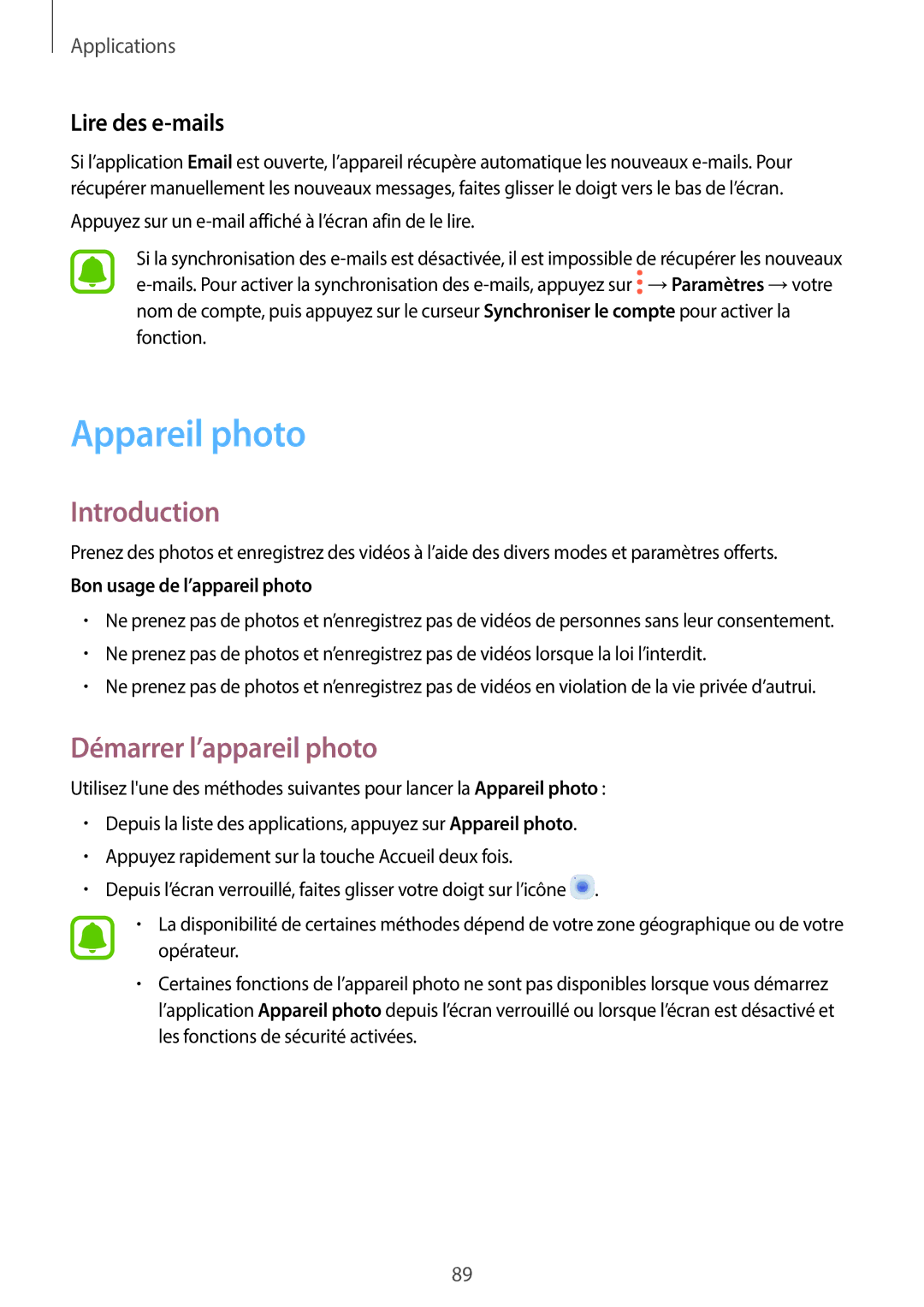 Samsung SM-A320FZDNXEF manual Appareil photo, Démarrer l’appareil photo, Lire des e-mails, Bon usage de l’appareil photo 
