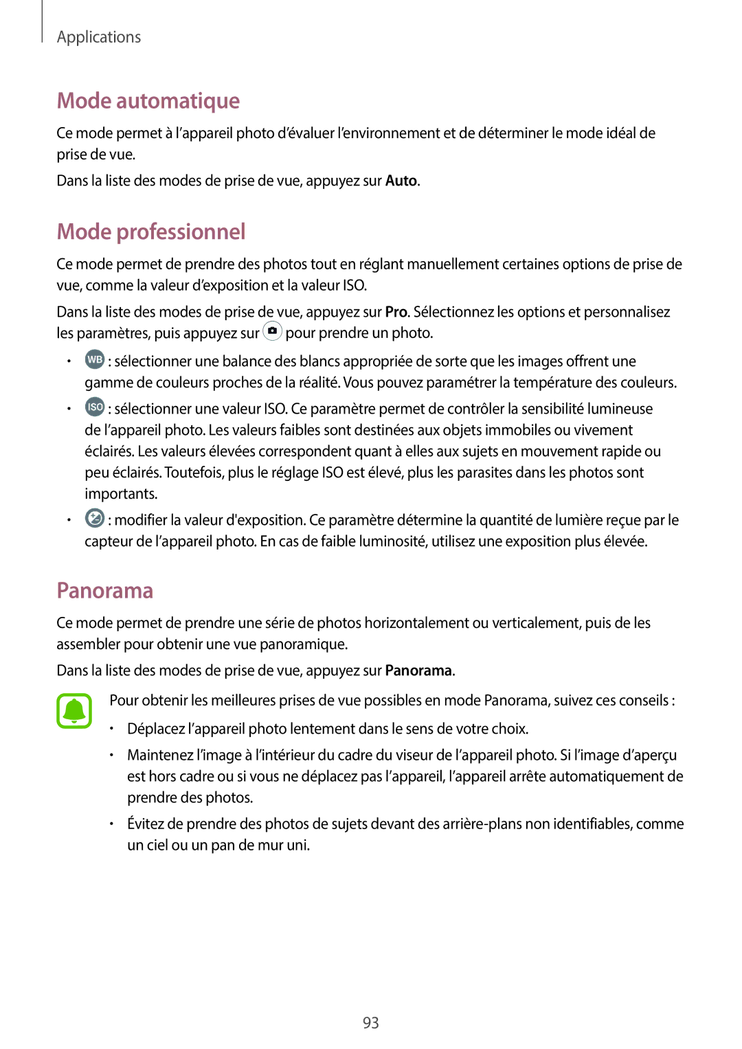 Samsung SM-A320FZDNXEF, SM-A320FZKNXEF, SM-A320FZINXEF, SM-A320FZBNXEF manual Mode automatique, Mode professionnel, Panorama 