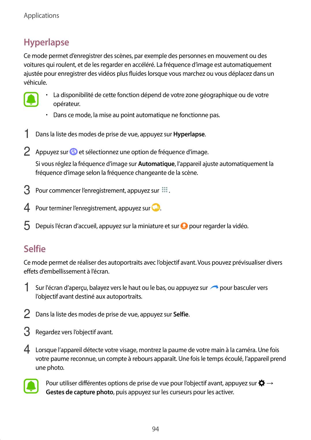 Samsung SM-A320FZINXEF, SM-A320FZKNXEF, SM-A320FZDNXEF, SM-A320FZBNXEF manual Hyperlapse, Selfie 