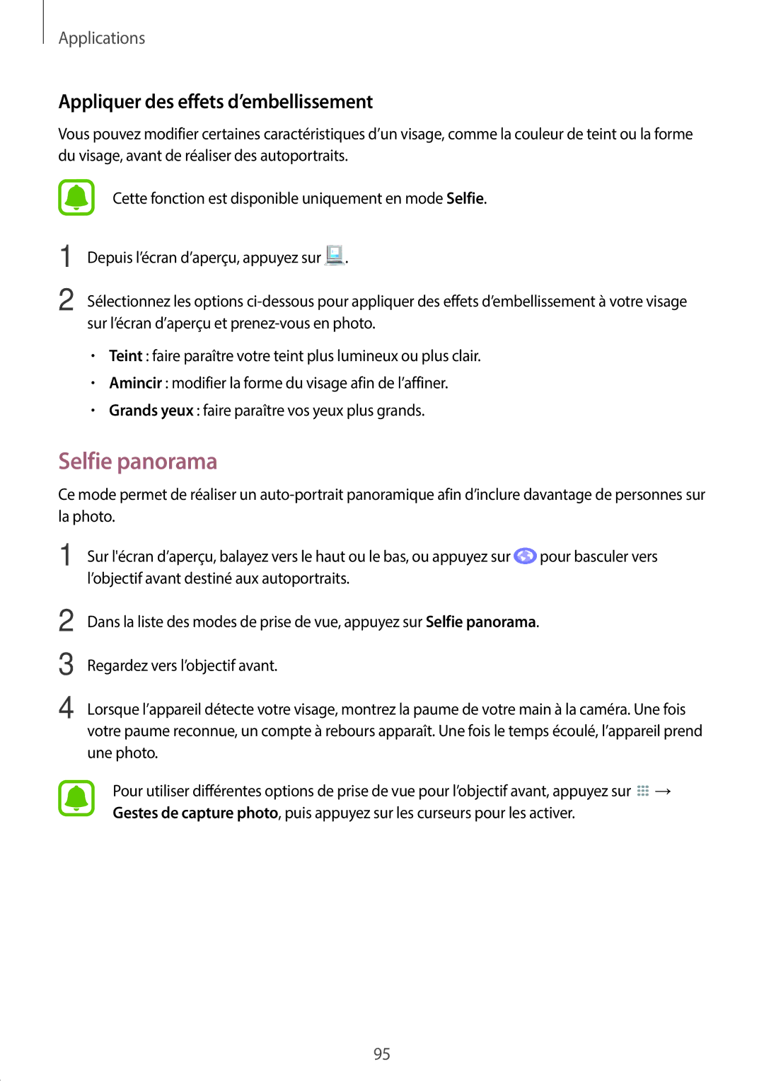 Samsung SM-A320FZBNXEF, SM-A320FZKNXEF, SM-A320FZDNXEF manual Selfie panorama, Appliquer des effets d’embellissement 