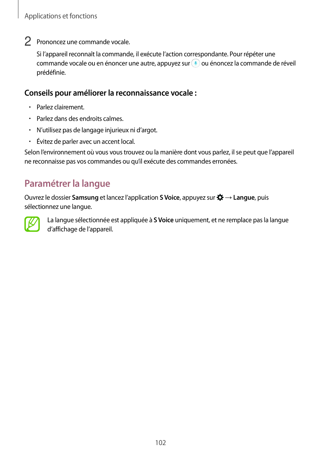 Samsung SM-A320FZINXEF, SM-A320FZKNXEF manual Paramétrer la langue, Conseils pour améliorer la reconnaissance vocale 