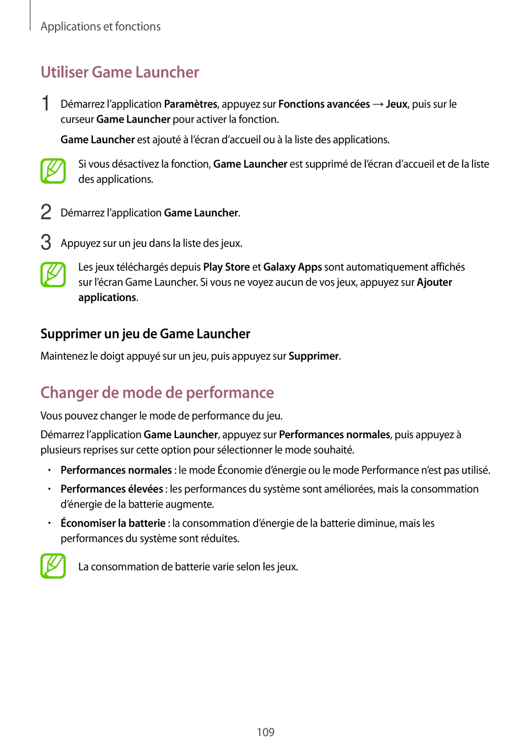 Samsung SM-A320FZDNXEF manual Utiliser Game Launcher, Changer de mode de performance, Supprimer un jeu de Game Launcher 