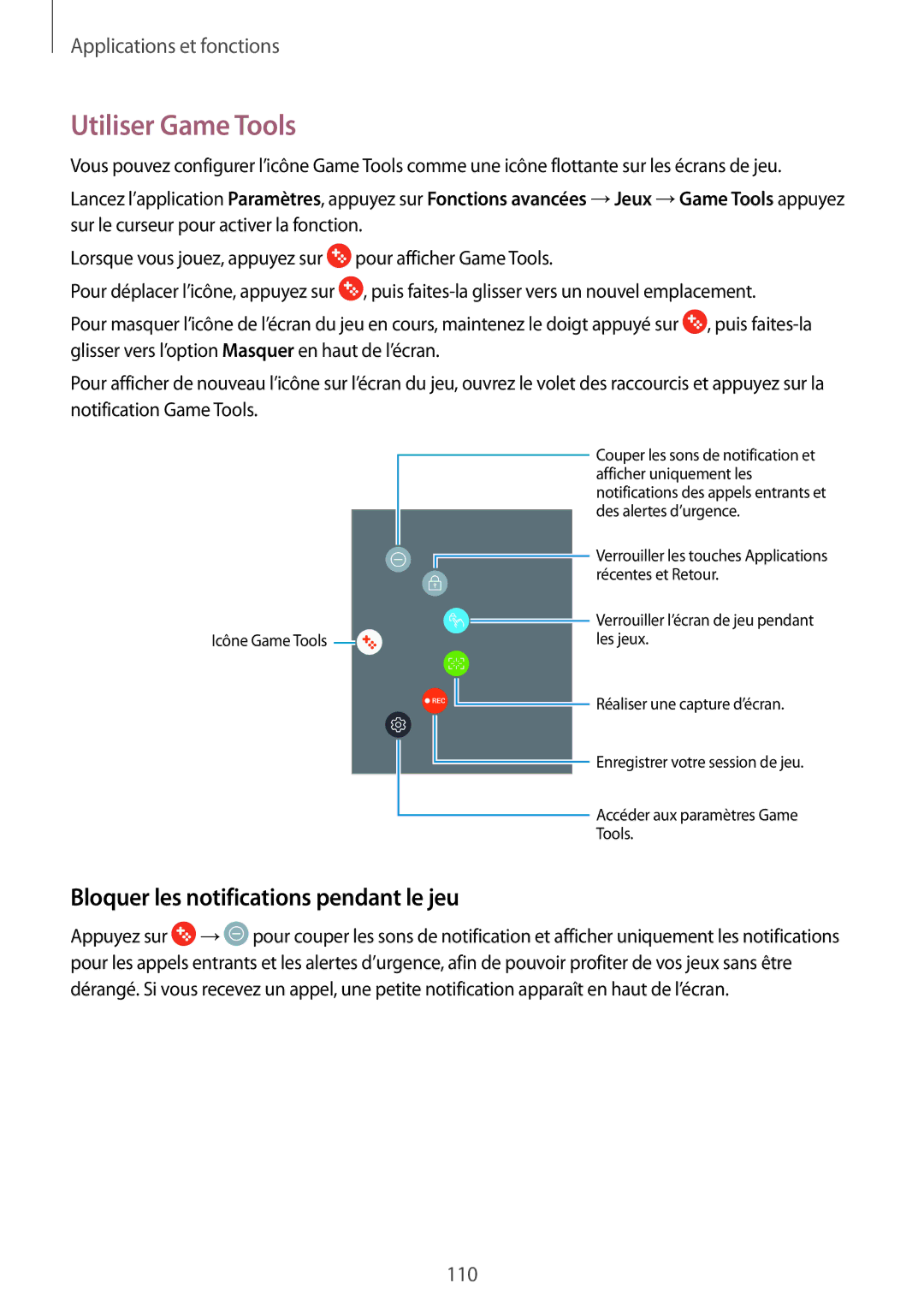 Samsung SM-A320FZINXEF, SM-A320FZKNXEF, SM-A320FZDNXEF manual Utiliser Game Tools, Bloquer les notifications pendant le jeu 