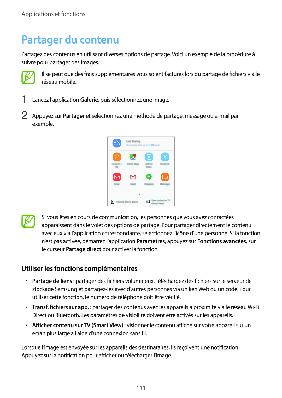 Samsung SM-A320FZBNXEF, SM-A320FZKNXEF, SM-A320FZDNXEF manual Partager du contenu, Utiliser les fonctions complémentaires 