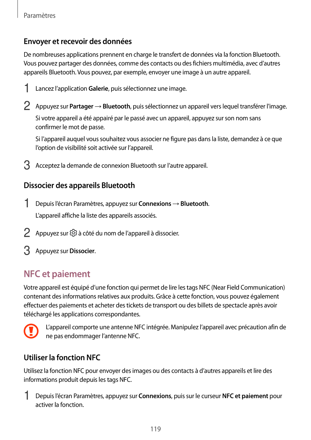 Samsung SM-A320FZBNXEF, SM-A320FZKNXEF NFC et paiement, Envoyer et recevoir des données, Dissocier des appareils Bluetooth 