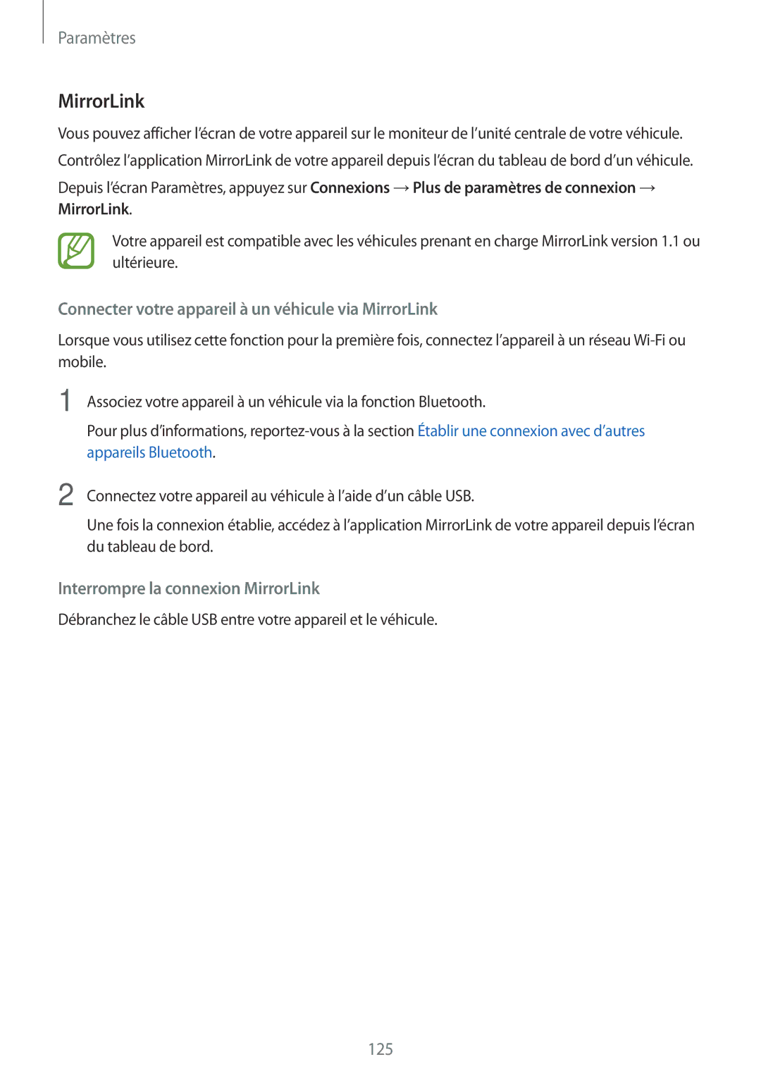 Samsung SM-A320FZDNXEF, SM-A320FZKNXEF, SM-A320FZINXEF manual Connecter votre appareil à un véhicule via MirrorLink 