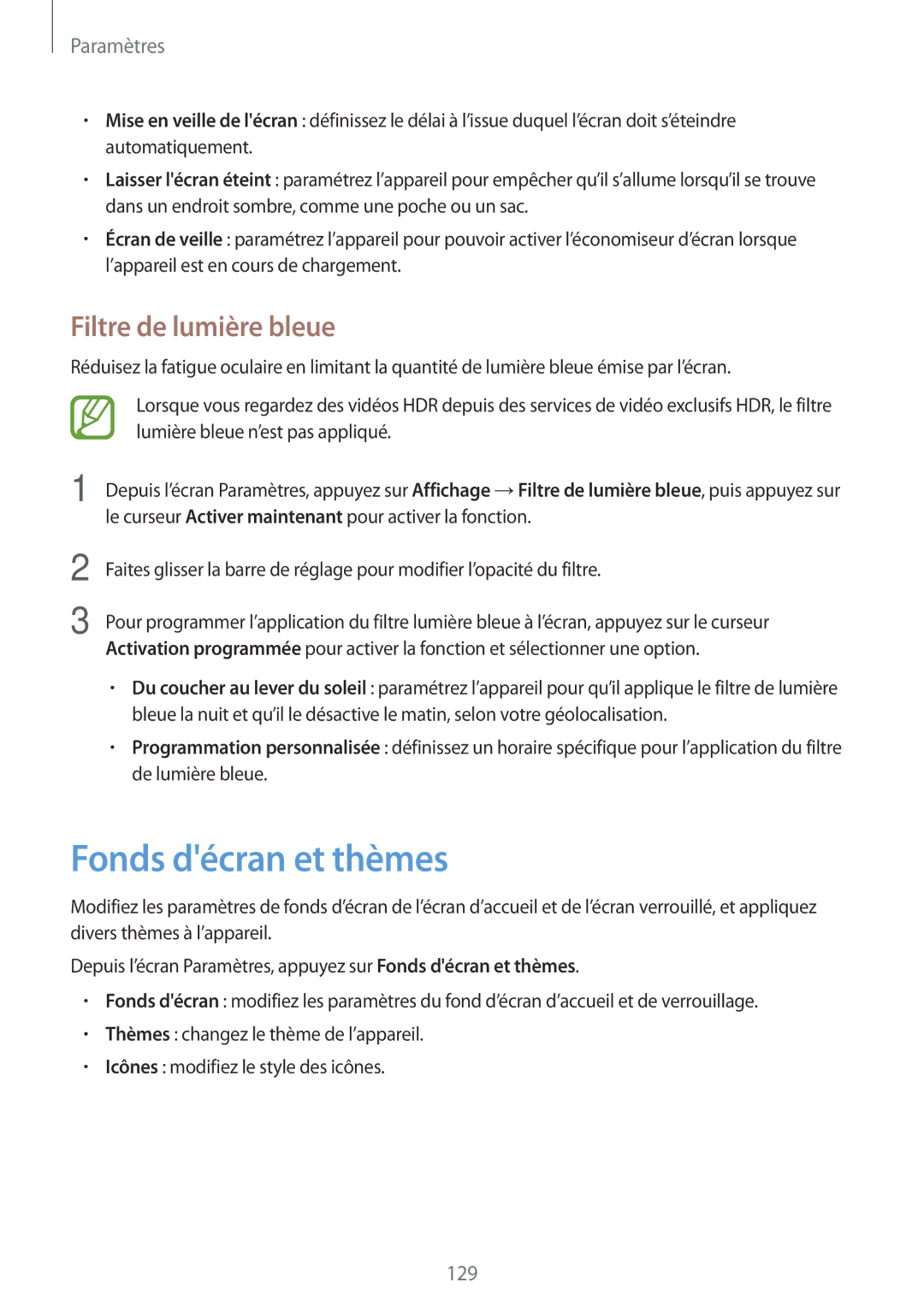 Samsung SM-A320FZDNXEF, SM-A320FZKNXEF, SM-A320FZINXEF, SM-A320FZBNXEF manual Fonds décran et thèmes, Filtre de lumière bleue 
