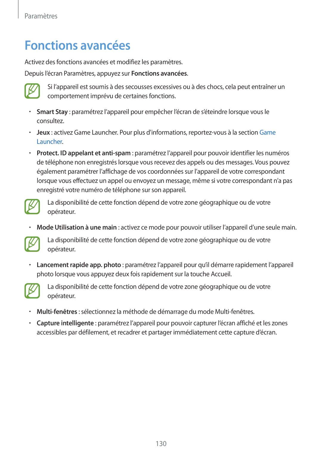 Samsung SM-A320FZINXEF, SM-A320FZKNXEF, SM-A320FZDNXEF, SM-A320FZBNXEF manual Fonctions avancées 