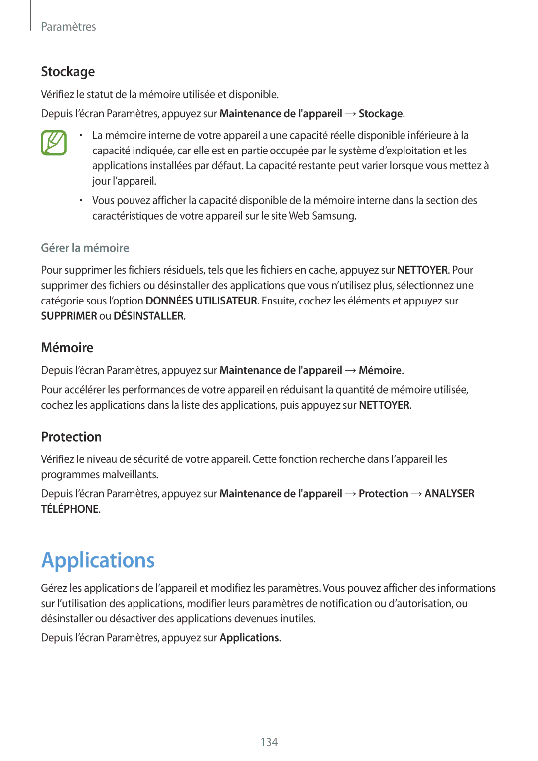 Samsung SM-A320FZINXEF, SM-A320FZKNXEF, SM-A320FZDNXEF, SM-A320FZBNXEF manual Applications, Stockage, Mémoire, Protection 