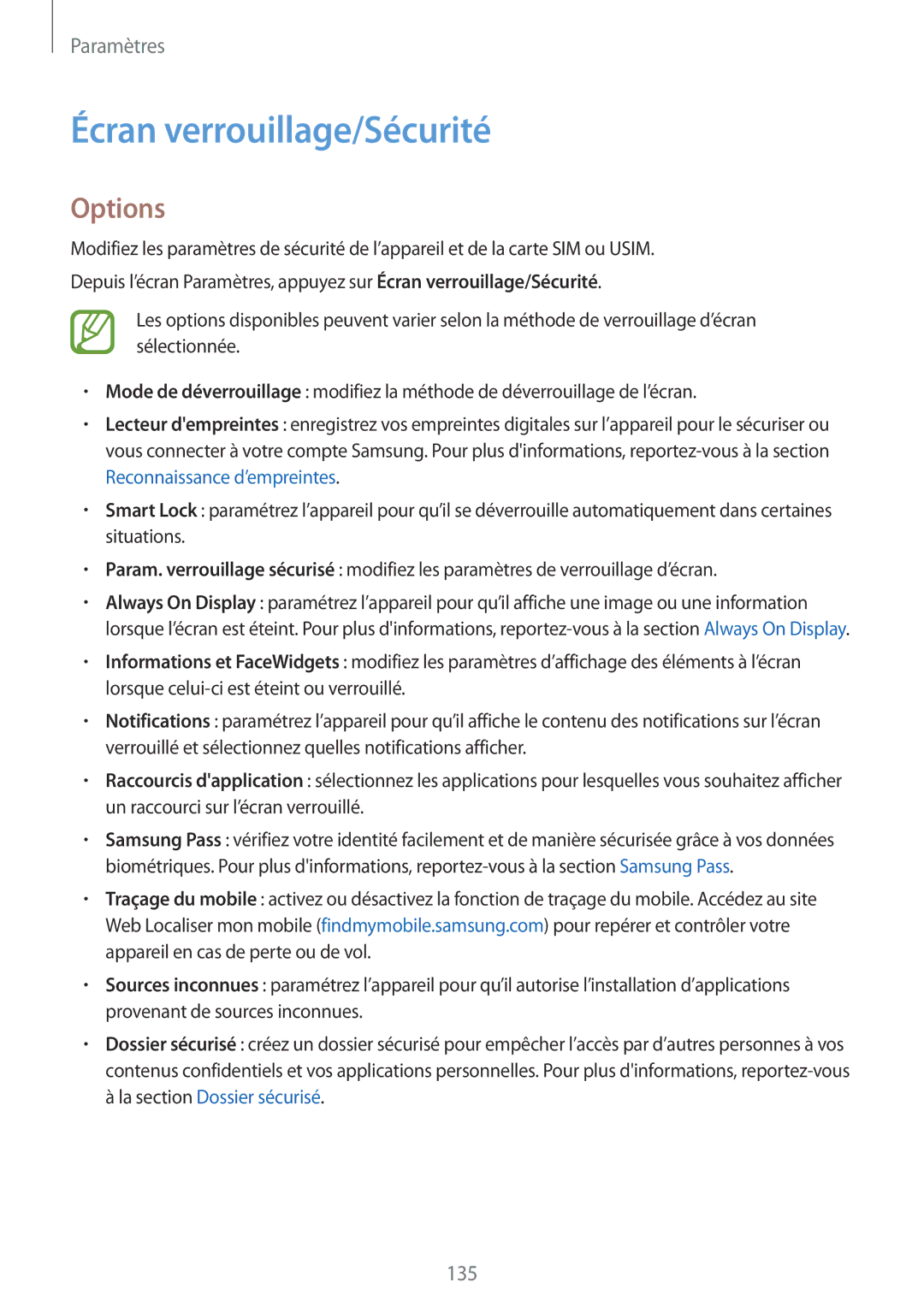 Samsung SM-A320FZBNXEF, SM-A320FZKNXEF, SM-A320FZDNXEF, SM-A320FZINXEF manual Écran verrouillage/Sécurité, Options 